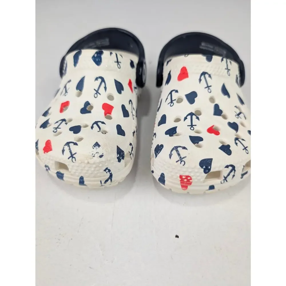 Crocs Toddler 6 Anchor & Hearts Print Clogs Sandals - Red/White/Blue